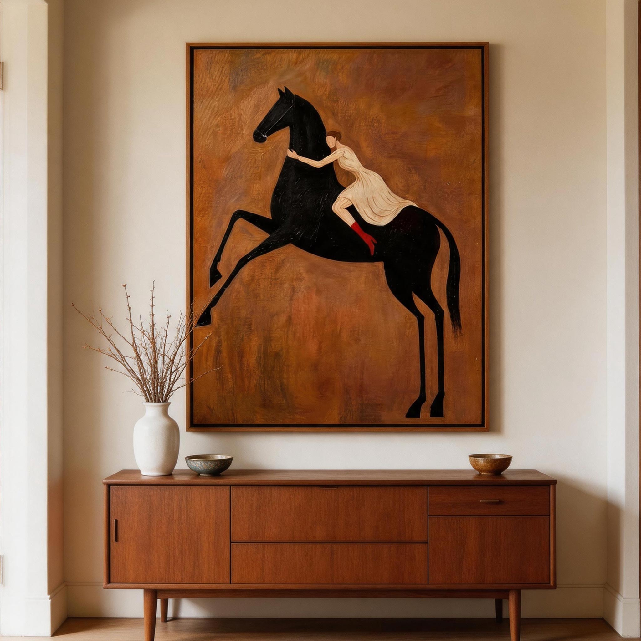 The Leap — Woman & Rearing Black Horse Canvas Wall Art