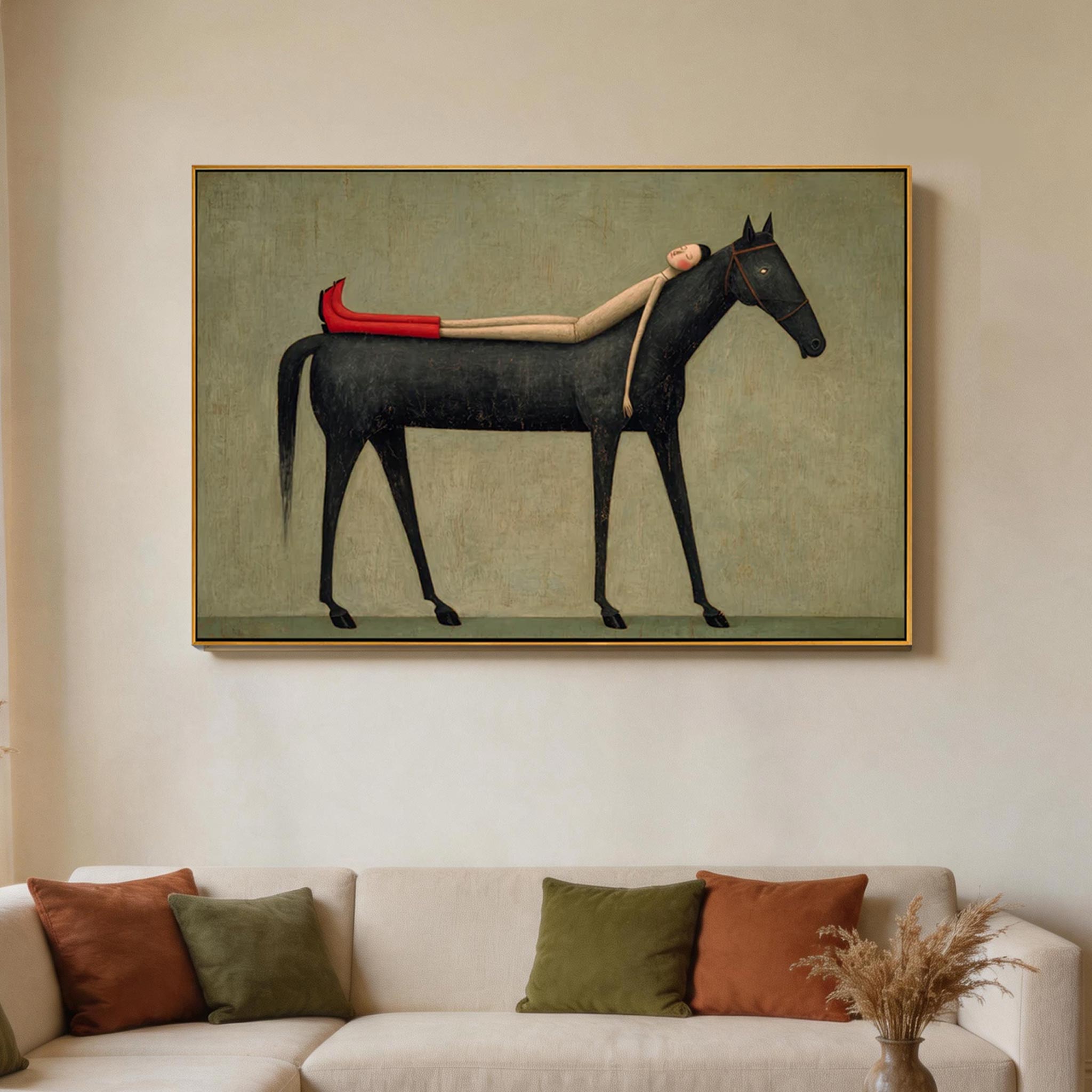 Carried — Woman & Black Horse Surrealist Canvas Wall Art