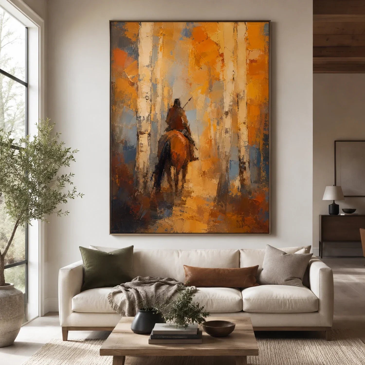 Impasto Rider Through Birch Forest Wall Art