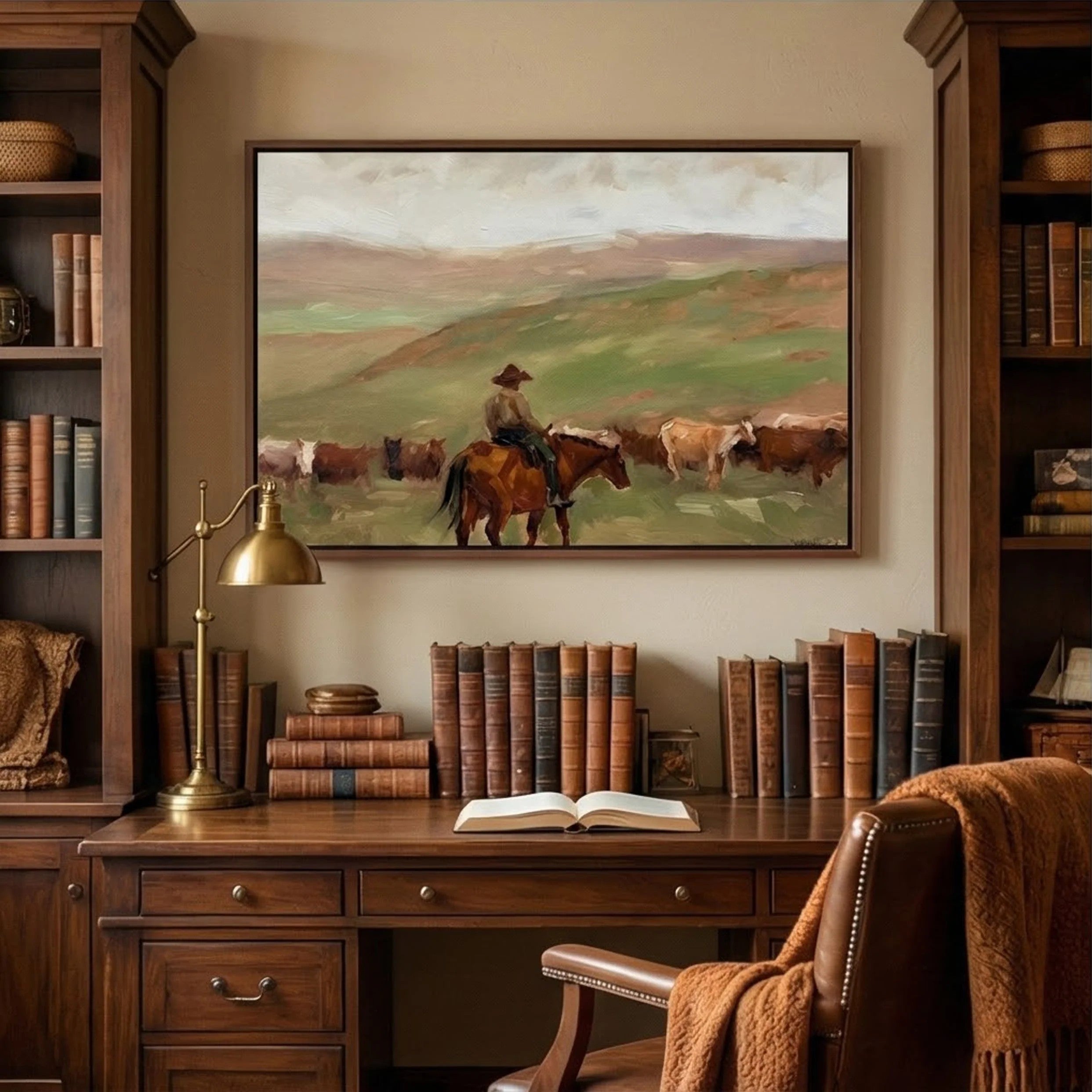 Cowboy with Cattle on Prairie Wall Art