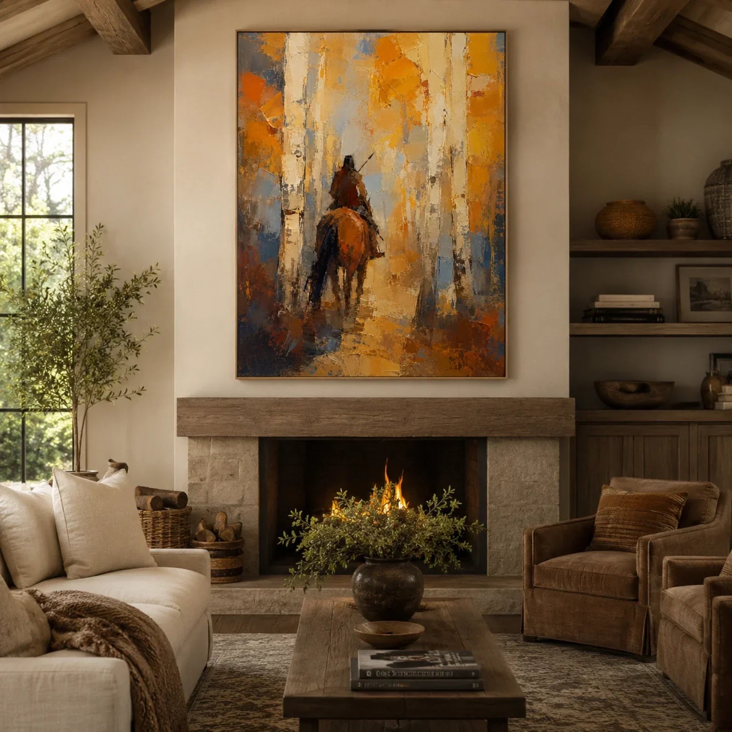 Impasto Rider Through Birch Forest Wall Art