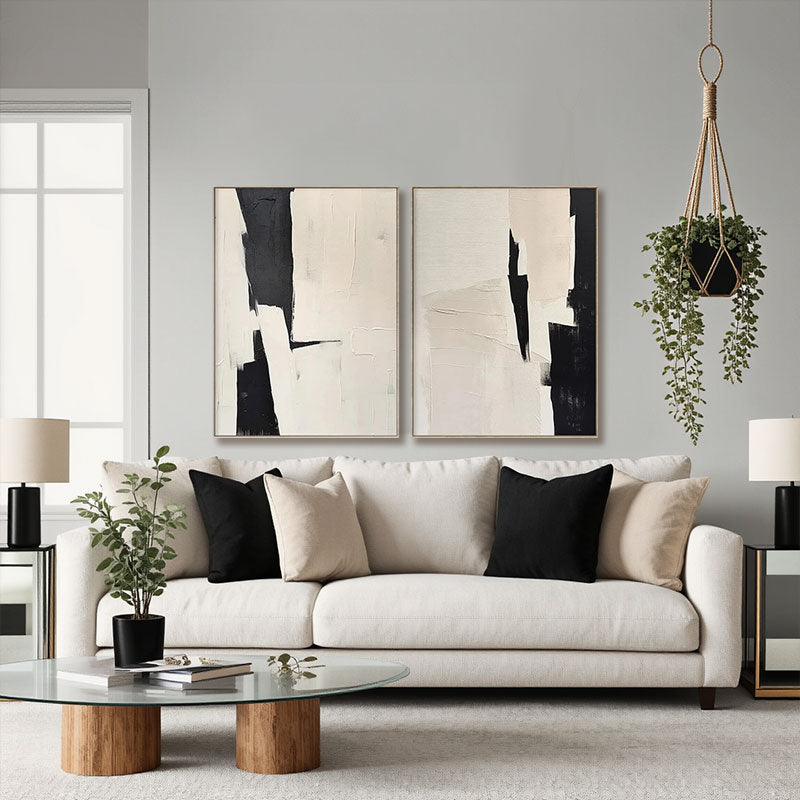 Textured Black & Ivory Abstract Panel Wall Art Set of 2