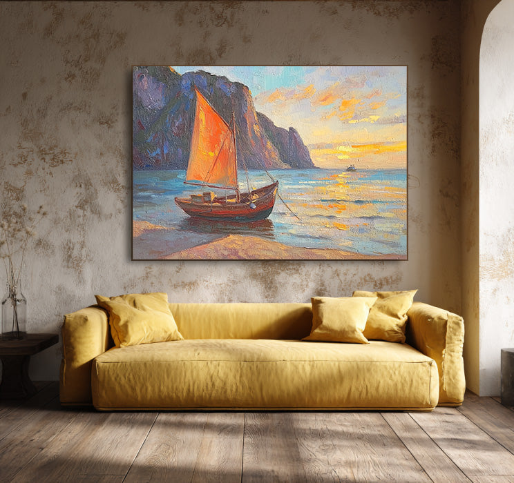 The Orange Sail at Sunset - Modern Impressionist Sailboat Seascape Wall Art