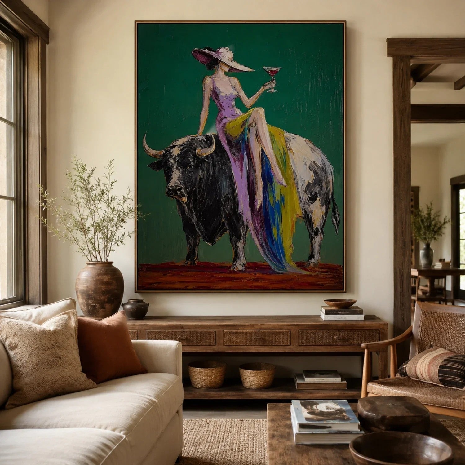 Woman Riding Bull on Emerald Wall Art