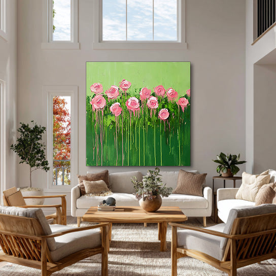 Spring Garden - Modern Impasto Drip Pink Rose Wall Art