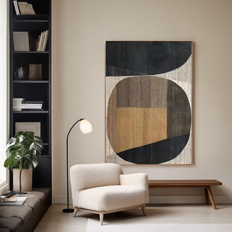 Hand-Painted Black, Tan & Brown Geometric Wall Art