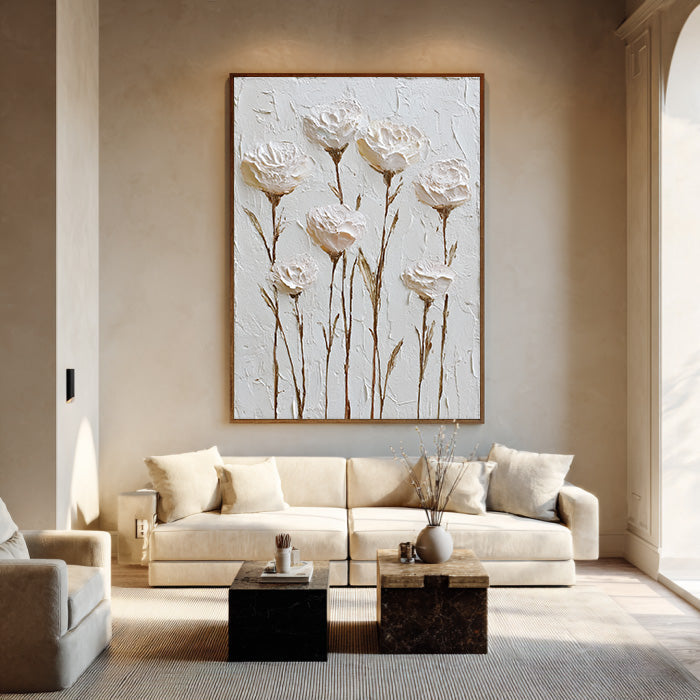 White Silence - Modern Impasto Cream Rose Abstract Wall Art