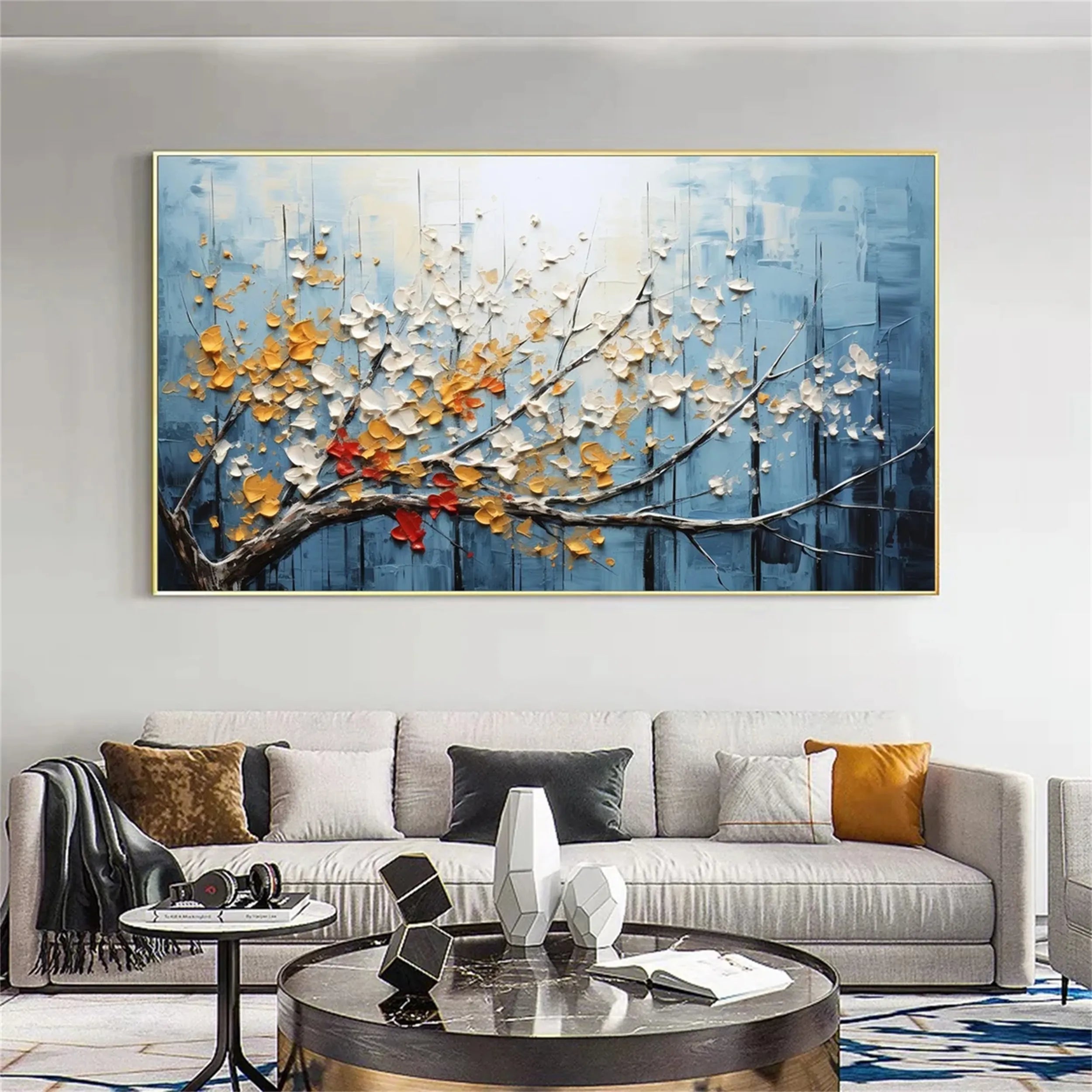 Textured Blue Red Gold Floral Wall Art