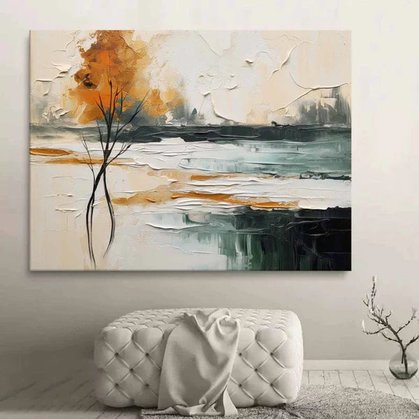 Abstract Landscape Tree Wall Art – Modern Textured Canvas Painting in Warm Tones