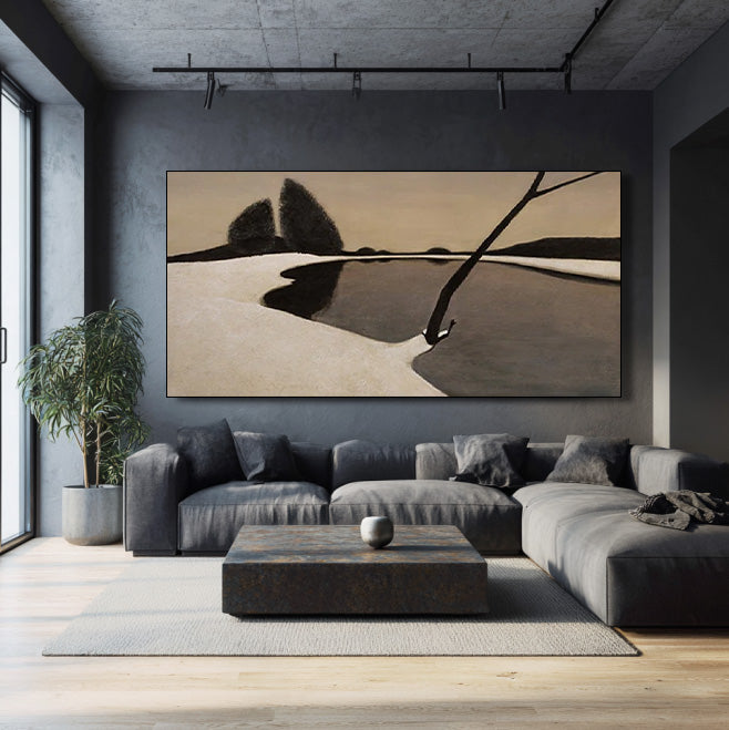Solitude in Monochrome - Wabi Sabi Geometric Abstract Lake Wall Art