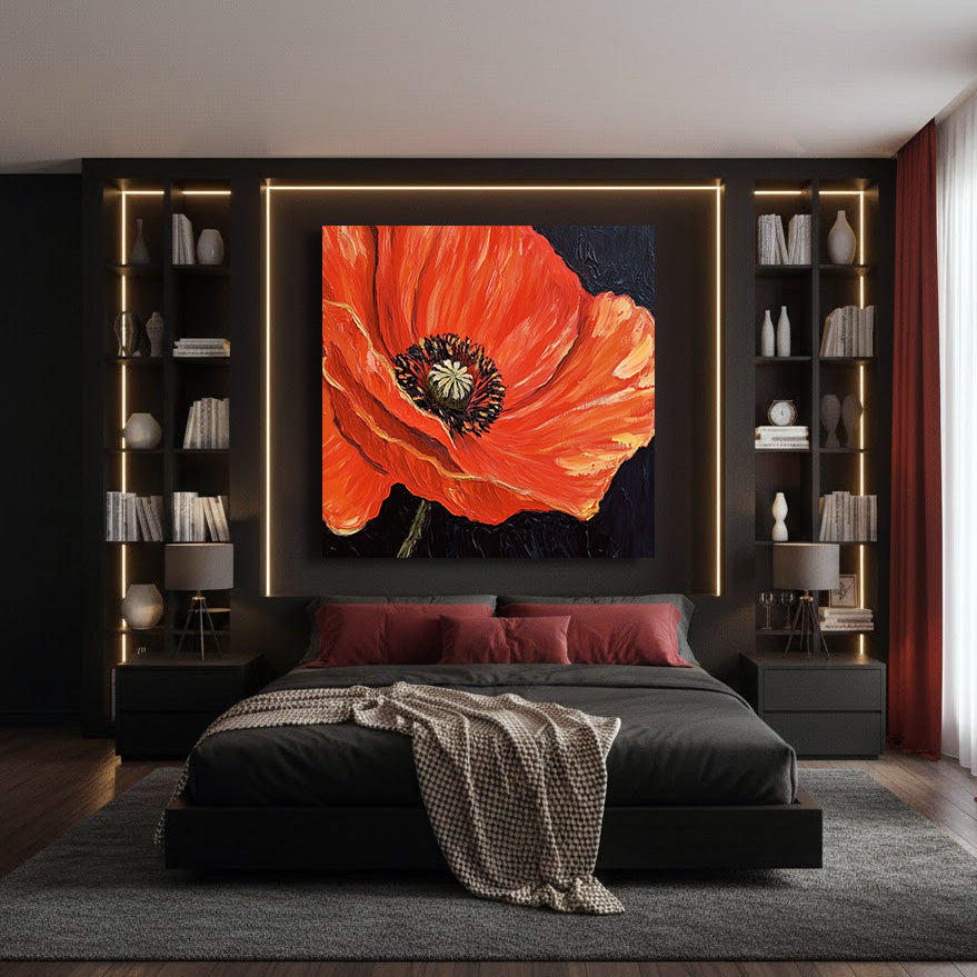 Night Spark - Large Black Red Contrast Floral Wall Art