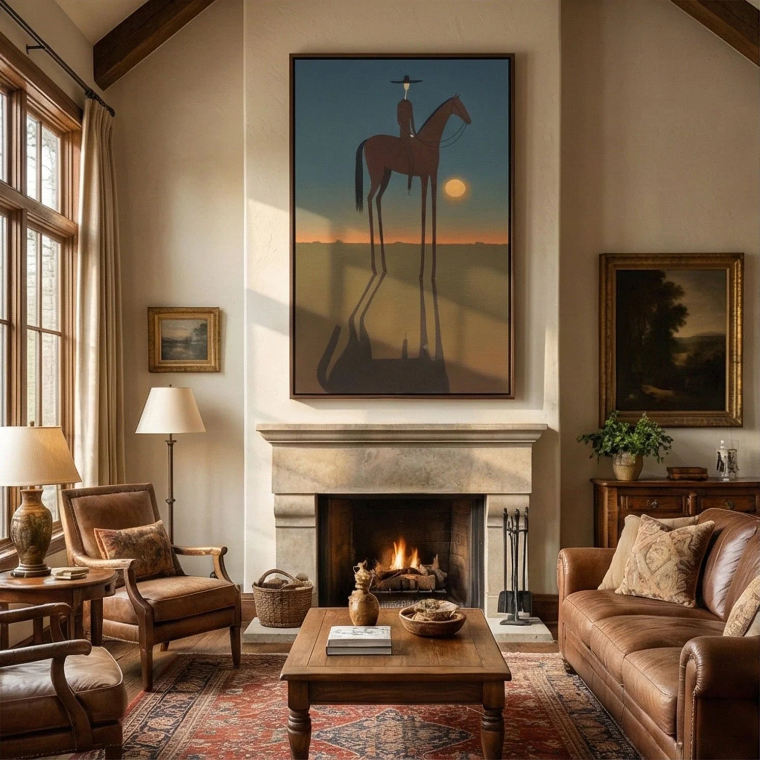 Rustic Folk Long-Legged Cowboy Sunset Wall Art