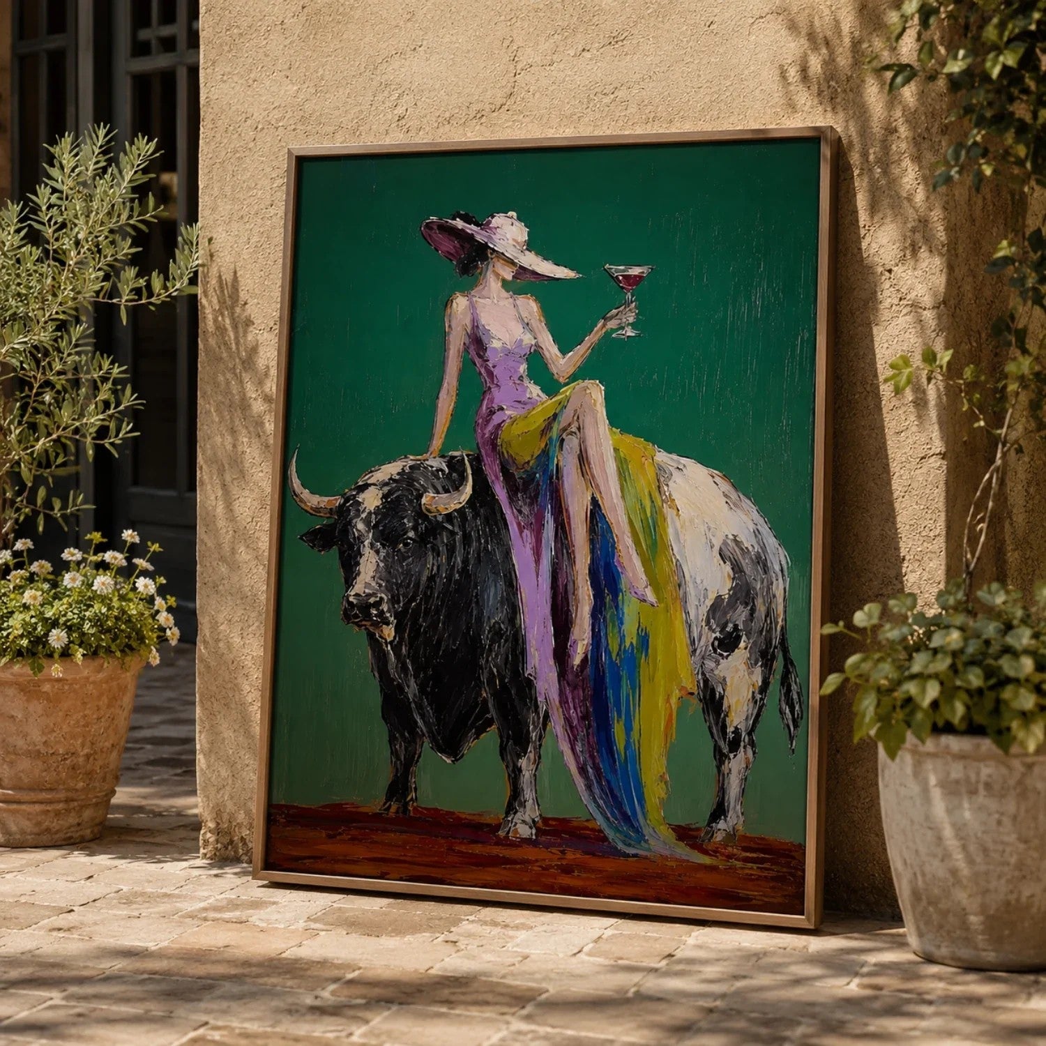 Woman Riding Bull on Emerald Wall Art