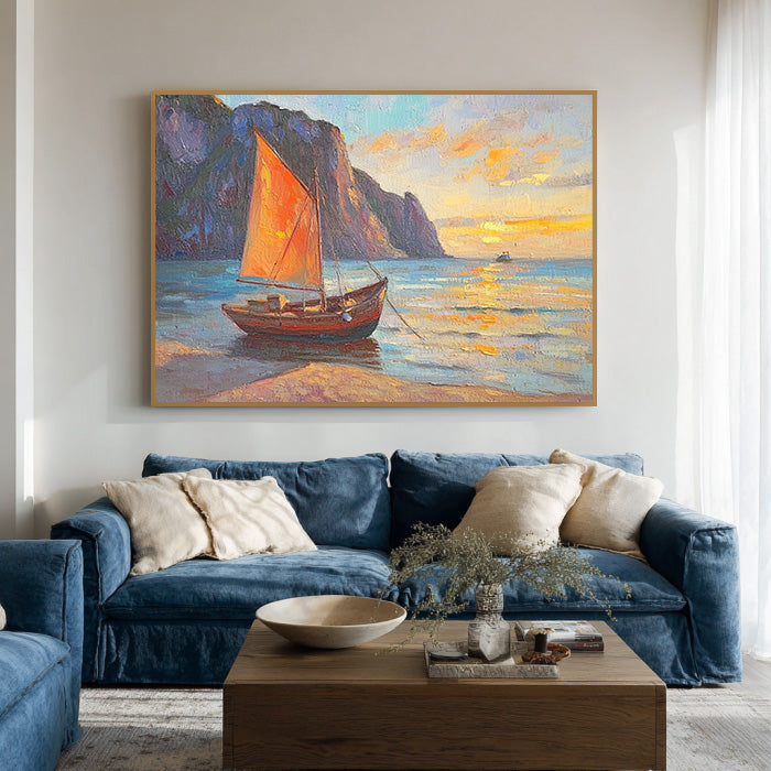 The Orange Sail at Sunset - Modern Impressionist Sailboat Seascape Wall Art