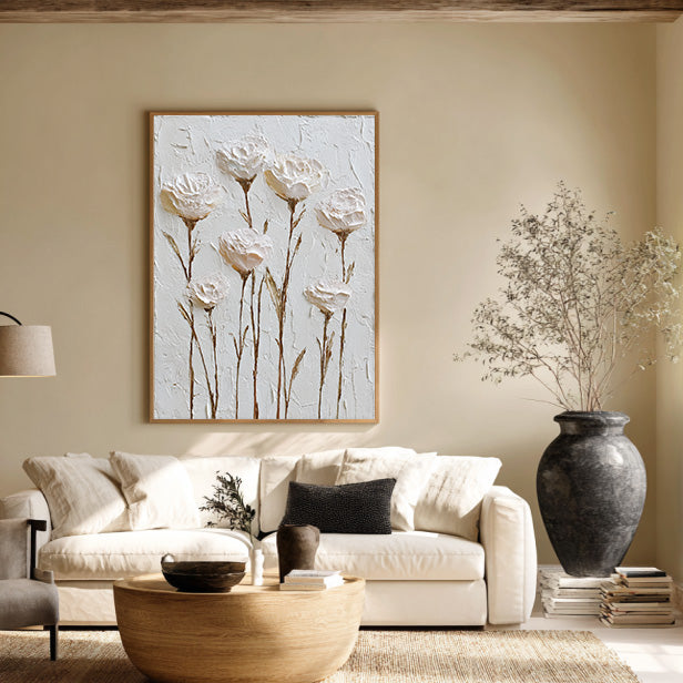 White Silence - Modern Impasto Cream Rose Abstract Wall Art