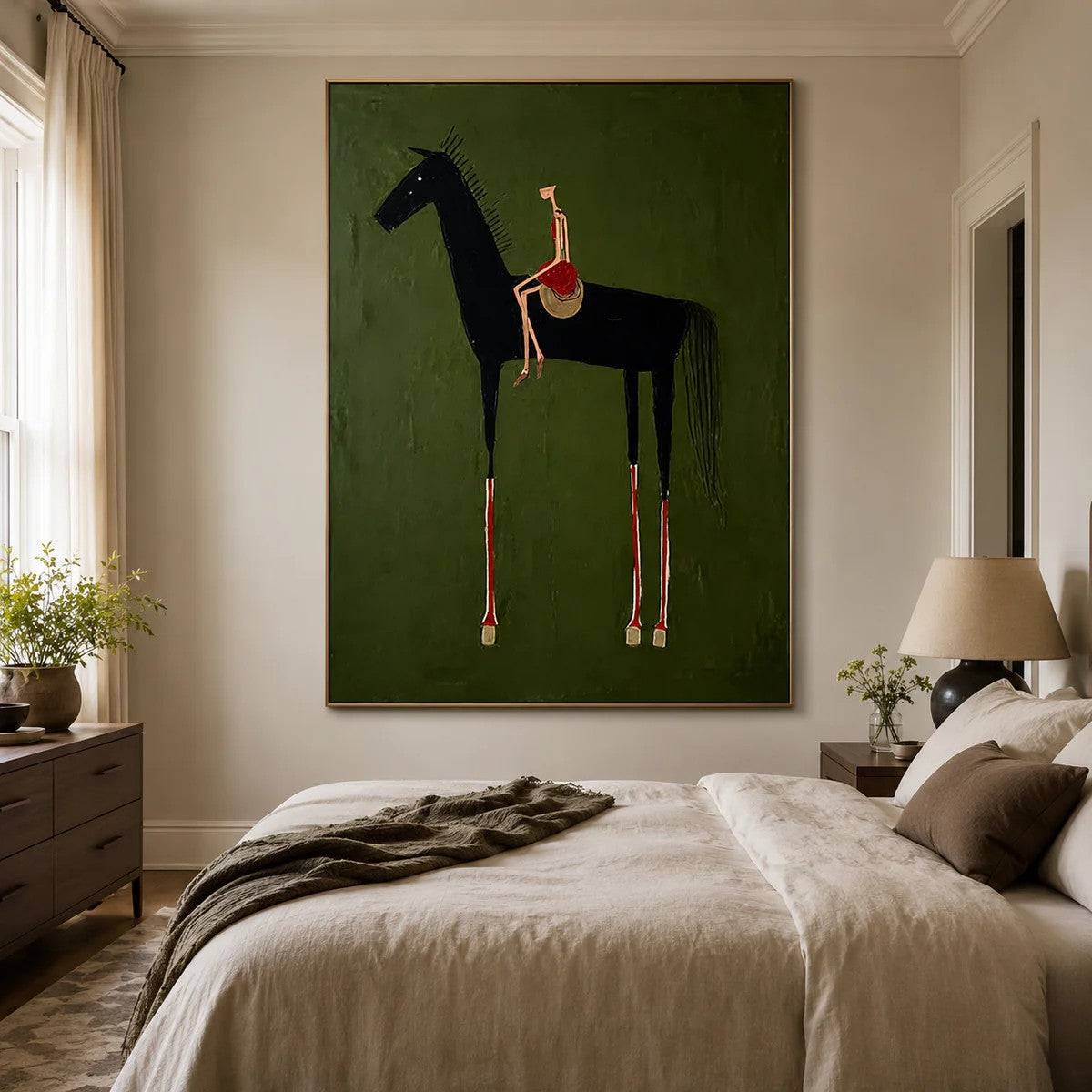 Rustic Folk Elongated Rider on Black Horse Wall Art