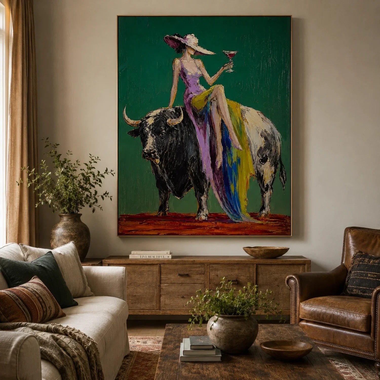 Woman Riding Bull on Emerald Wall Art