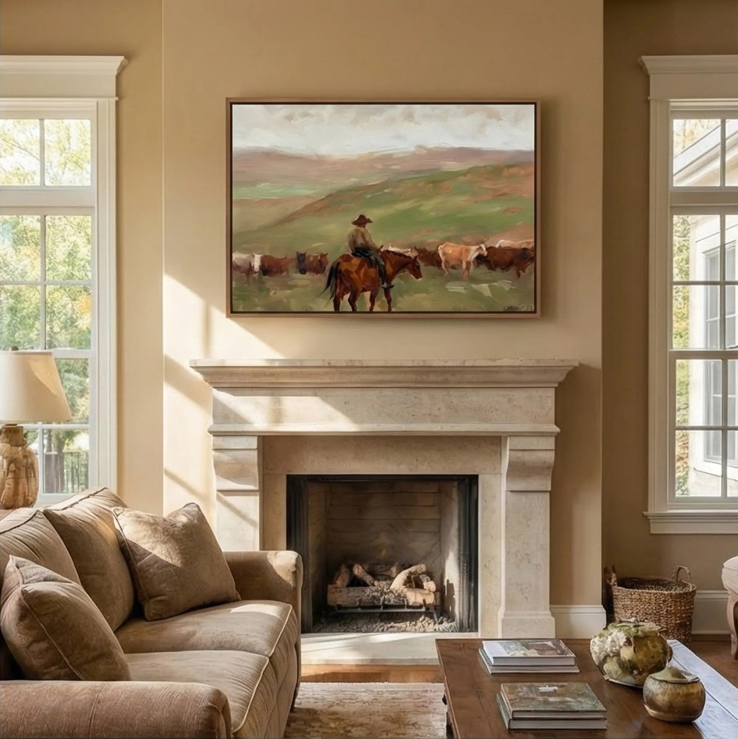 Cowboy with Cattle on Prairie Wall Art