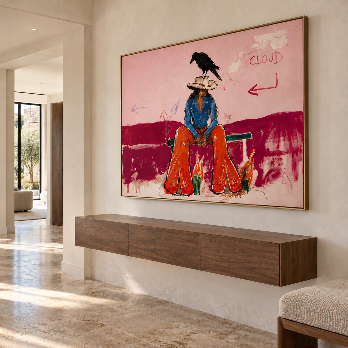 Vintage Americana Art | Blush Pink Cowgirl & Crow Western Oil Painting