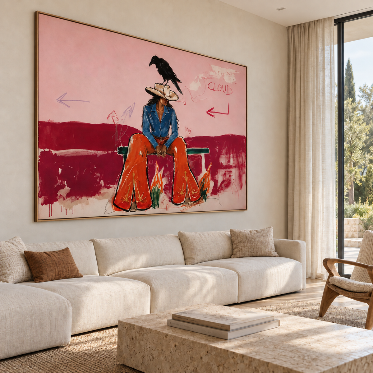 Vintage Americana Art | Blush Pink Cowgirl & Crow Western Oil Painting