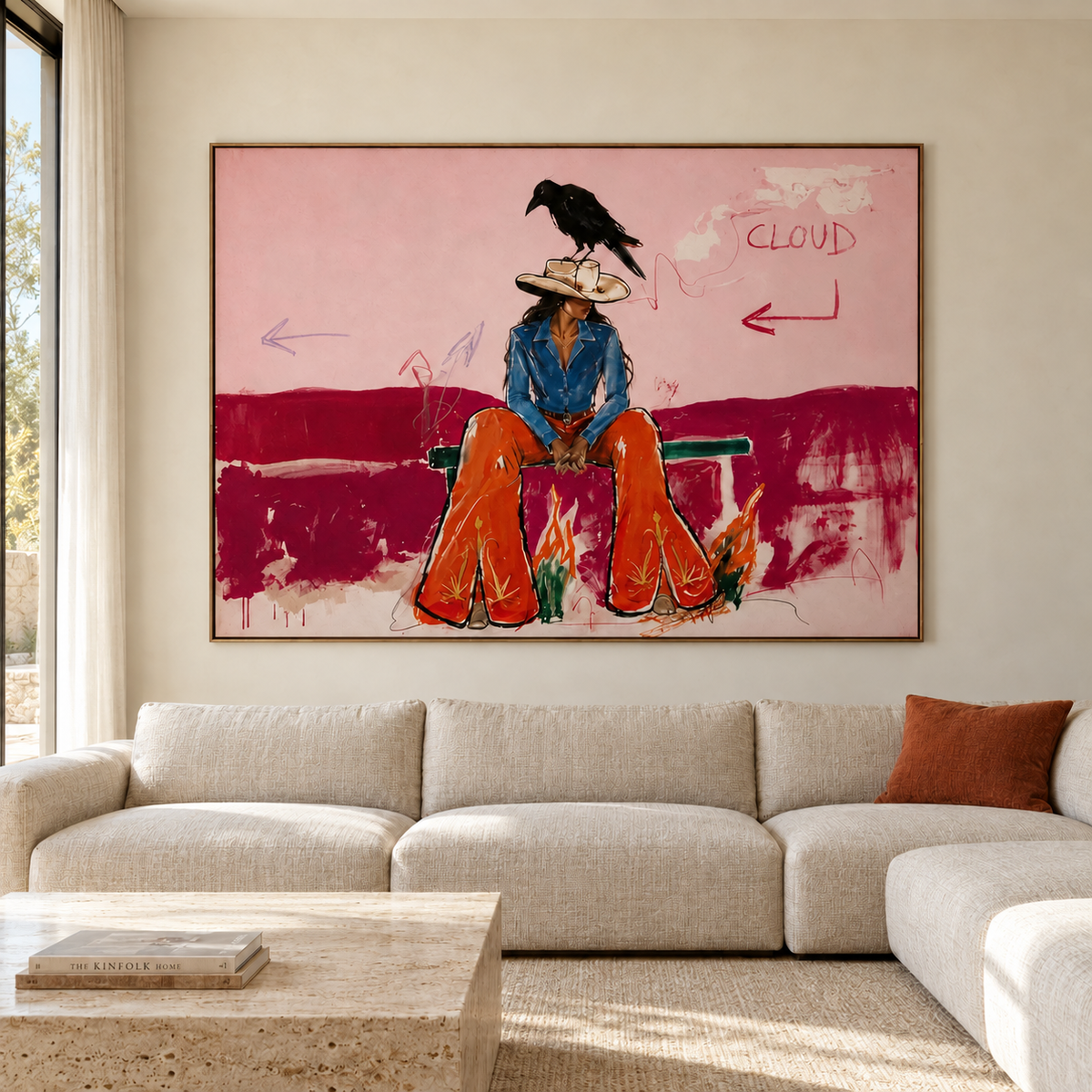 Vintage Americana Art | Blush Pink Cowgirl & Crow Western Oil Painting