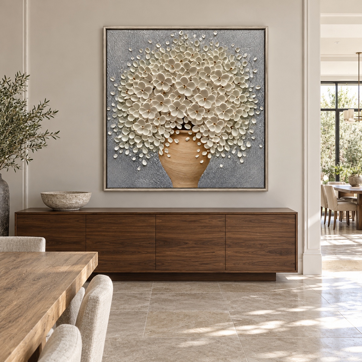 Modern Textured Floral Relief | Ivory Blossoms in Bloom