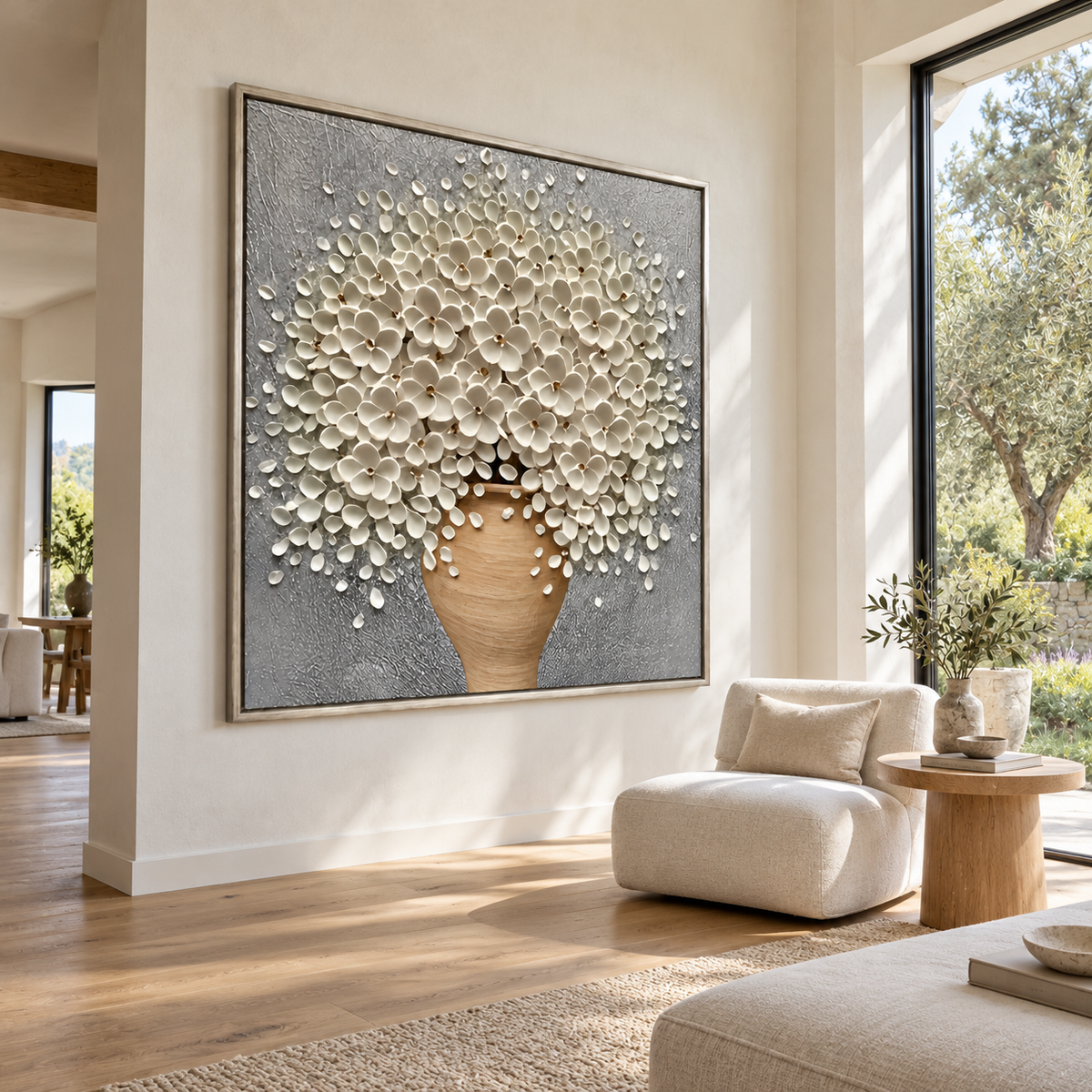 Modern Textured Floral Relief | Ivory Blossoms in Bloom