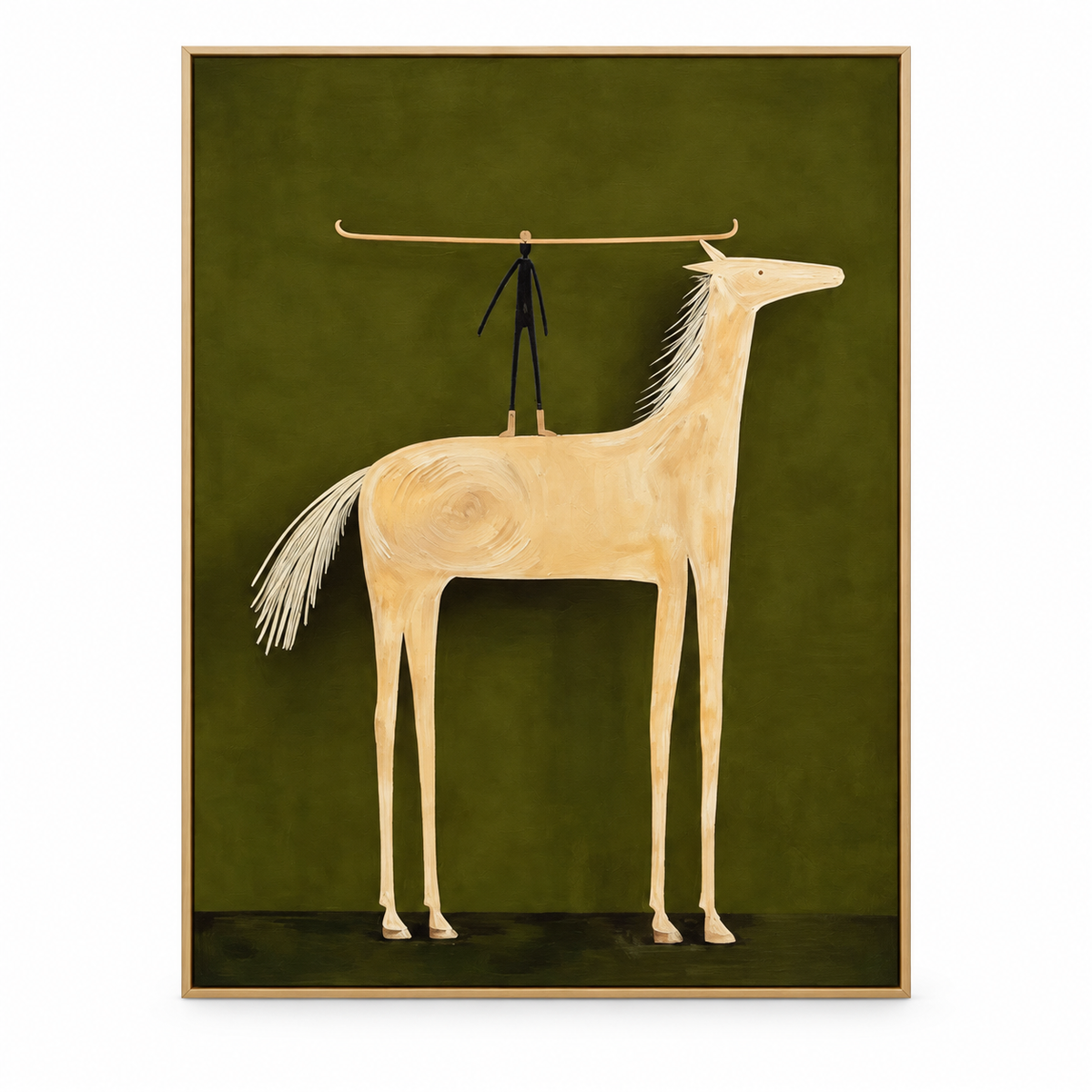 Balance — Primitive Stick Figure & Cream Horse Canvas Wall Art on Olive Green