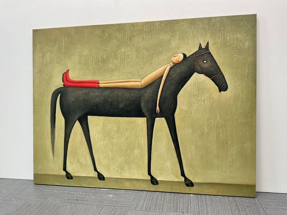 Carried — Woman & Black Horse Surrealist Canvas Wall Art - Real artwork photo
