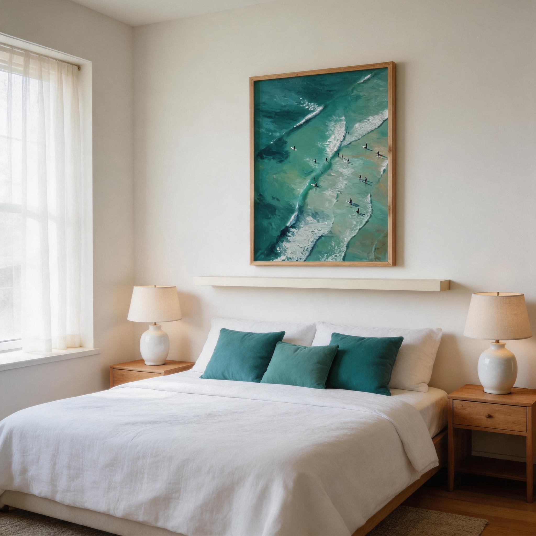 Riding the Break — Aerial Surfers Teal Ocean Canvas Wall Art