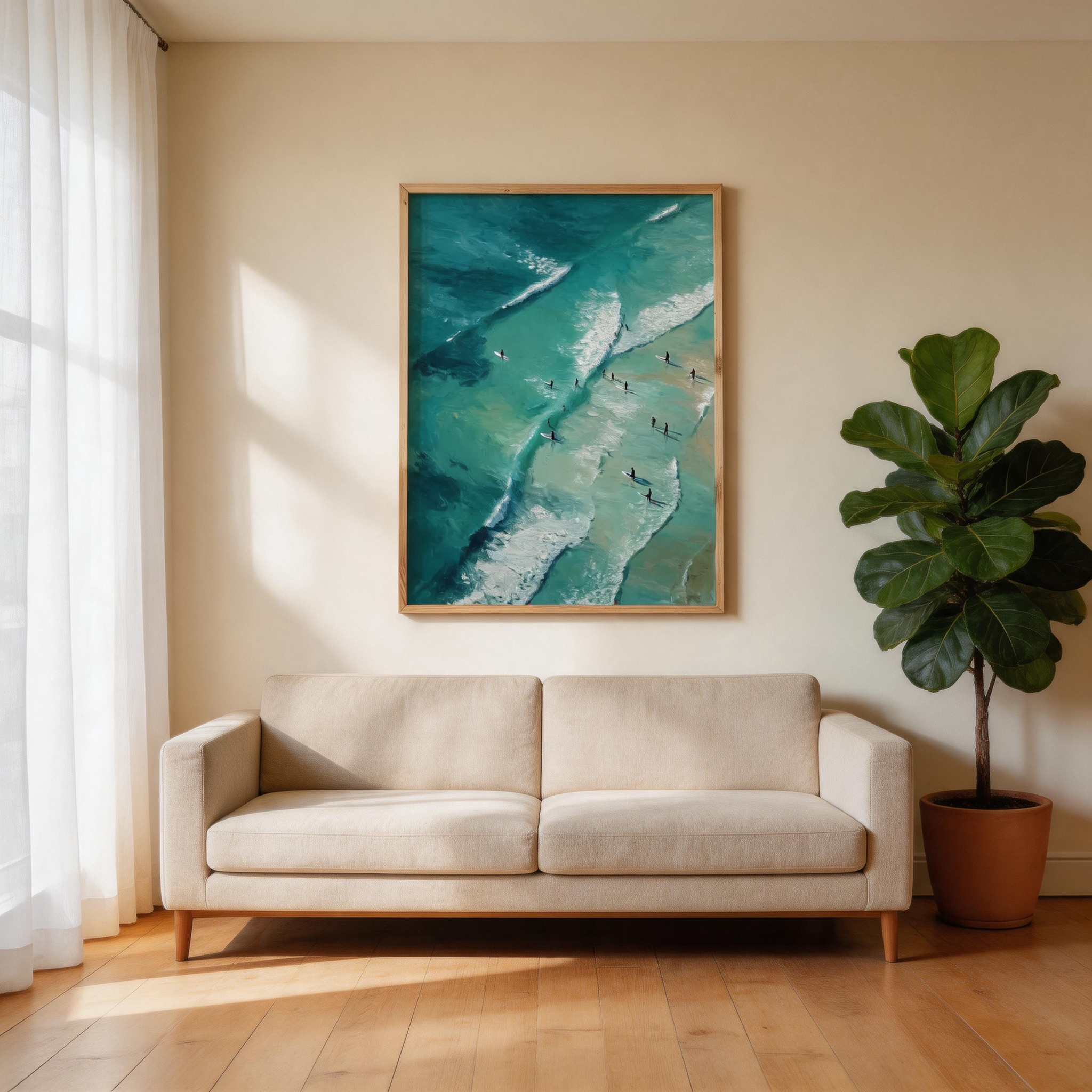 Riding the Break — Aerial Surfers Teal Ocean Canvas Wall Art