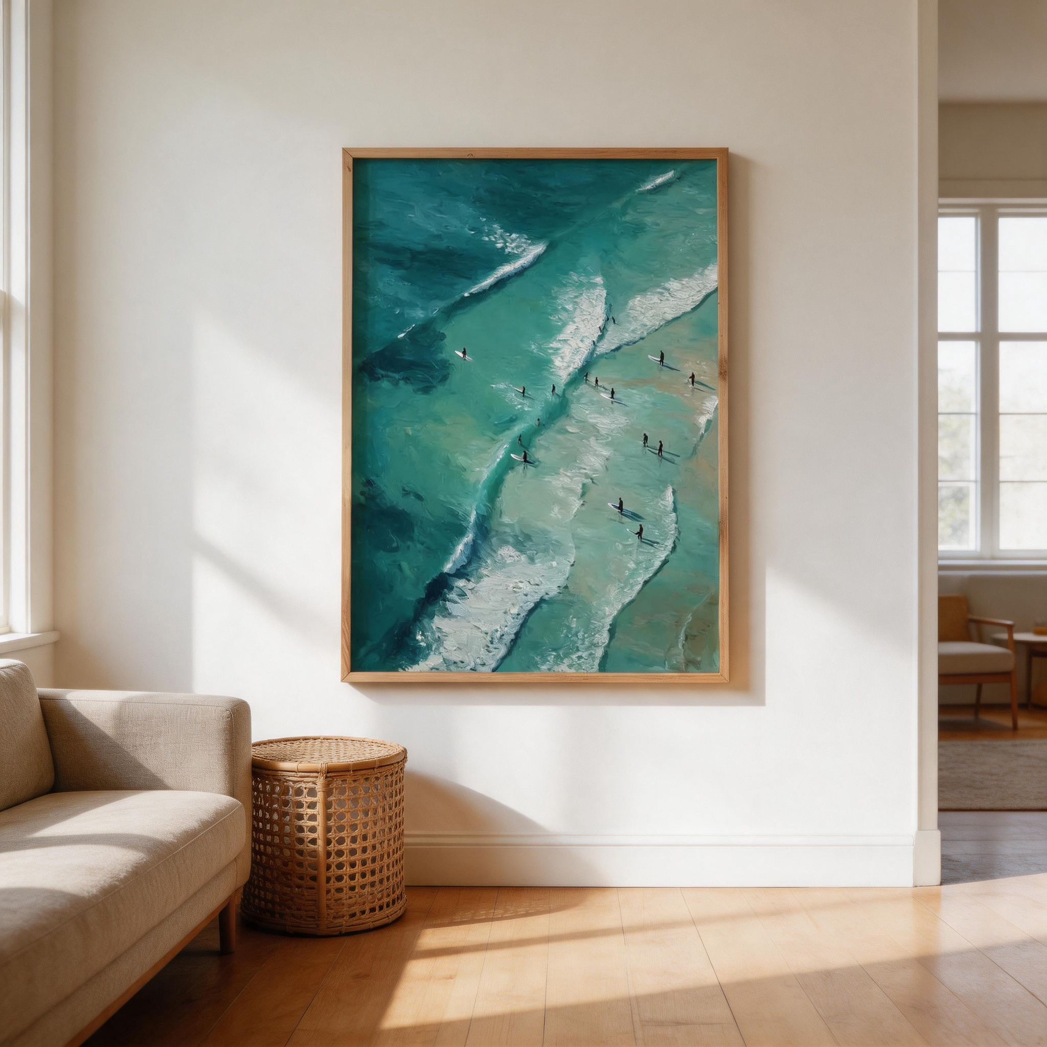 Riding the Break — Aerial Surfers Teal Ocean Canvas Wall Art
