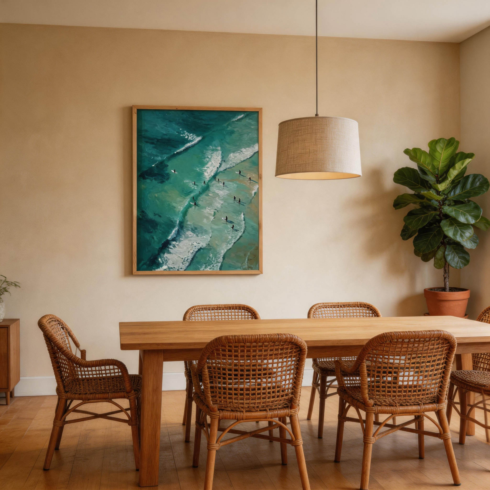 Riding the Break — Aerial Surfers Teal Ocean Canvas Wall Art