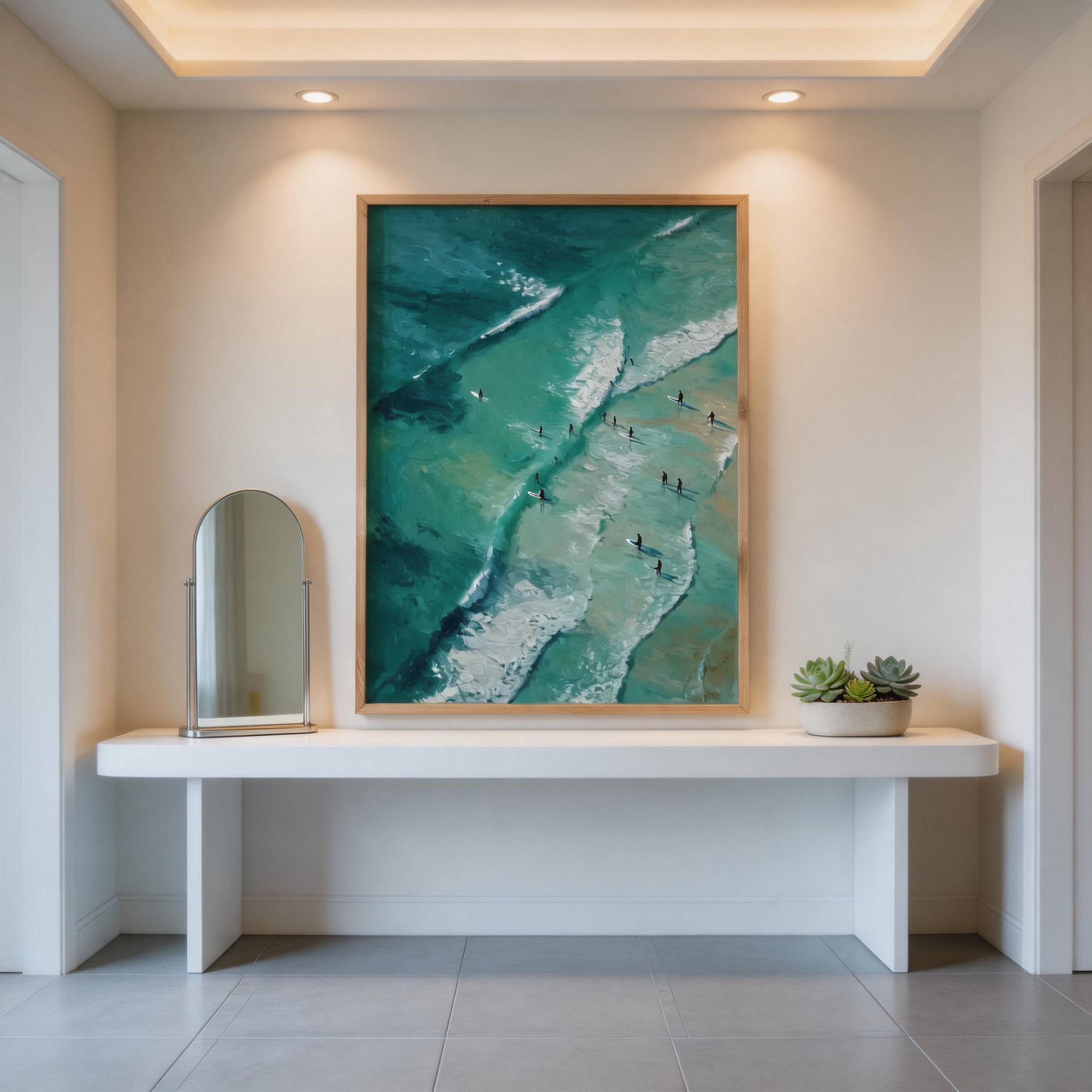 Riding the Break — Aerial Surfers Teal Ocean Canvas Wall Art