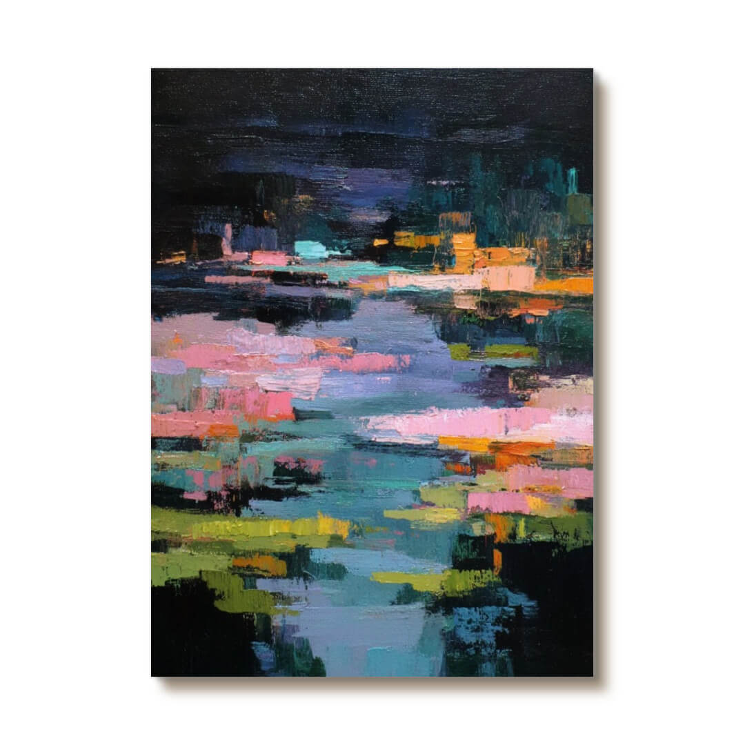 Midnight Reverie of the Lily Pond - Large Abstract Lake Landscape Oil Painting