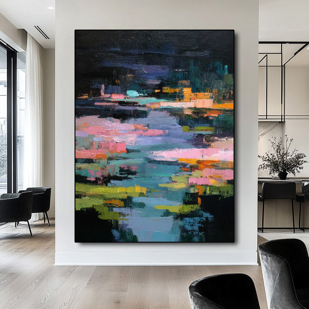 Midnight Reverie of the Lily Pond - Large Abstract Lake Landscape Oil Painting