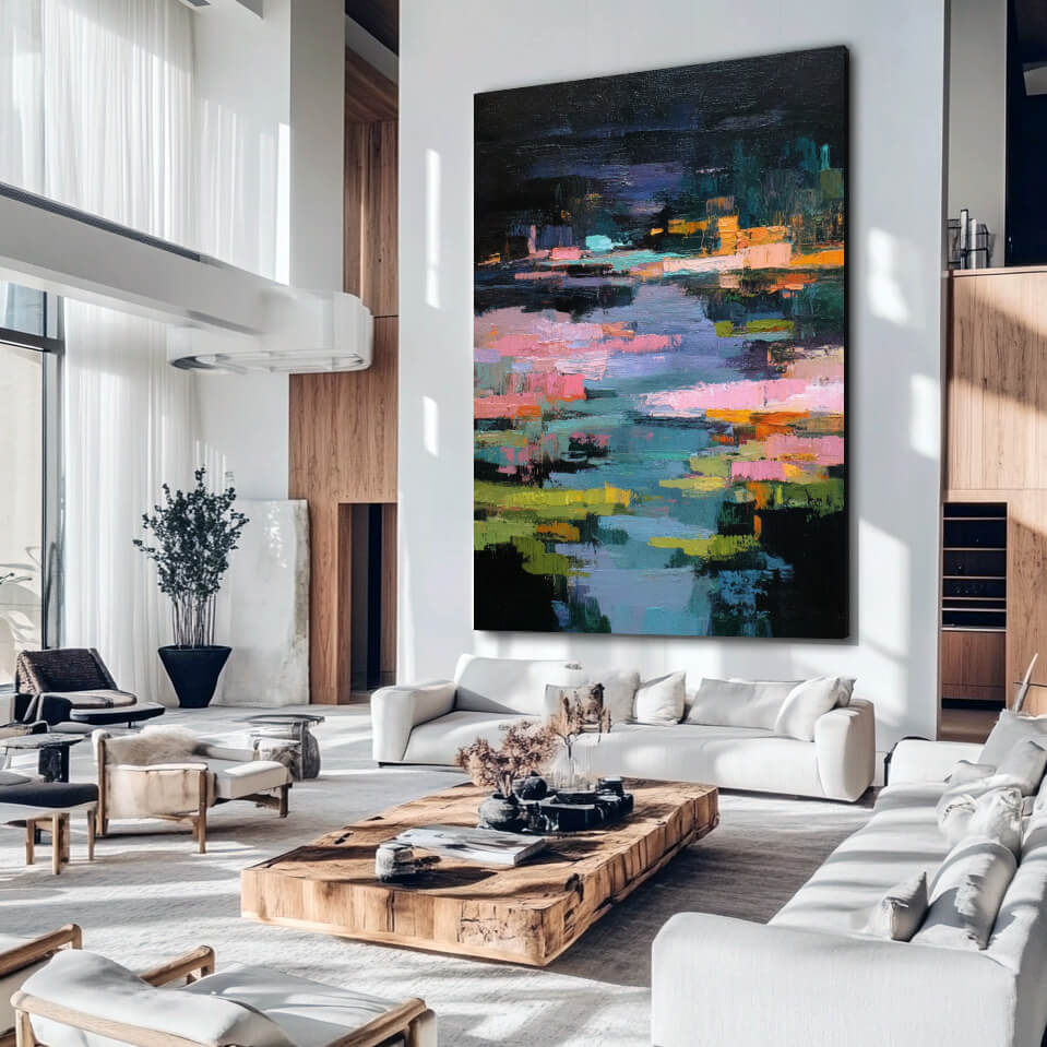 Midnight Reverie of the Lily Pond - Large Abstract Lake Landscape Oil Painting