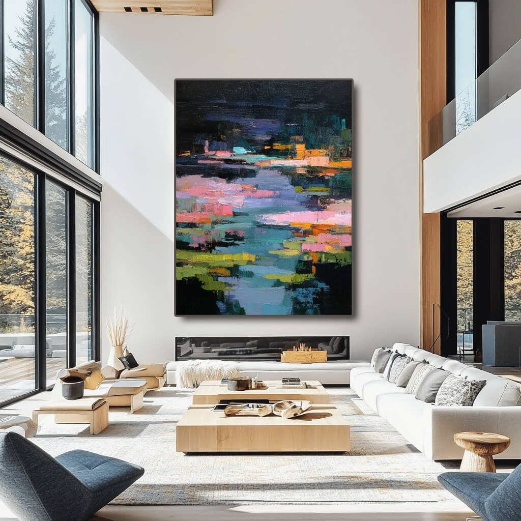 Midnight Reverie of the Lily Pond - Large Abstract Lake Landscape Oil Painting