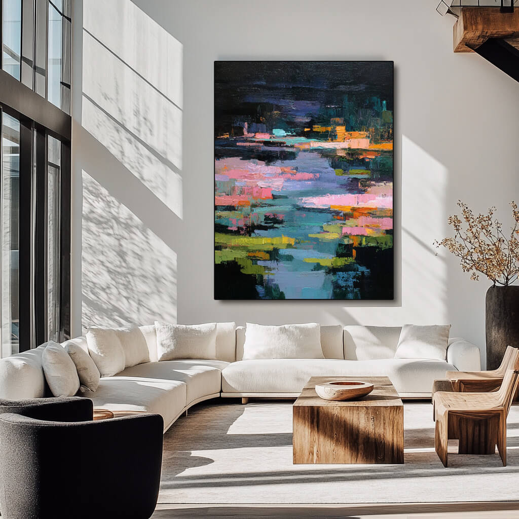 Midnight Reverie of the Lily Pond - Large Abstract Lake Landscape Oil Painting
