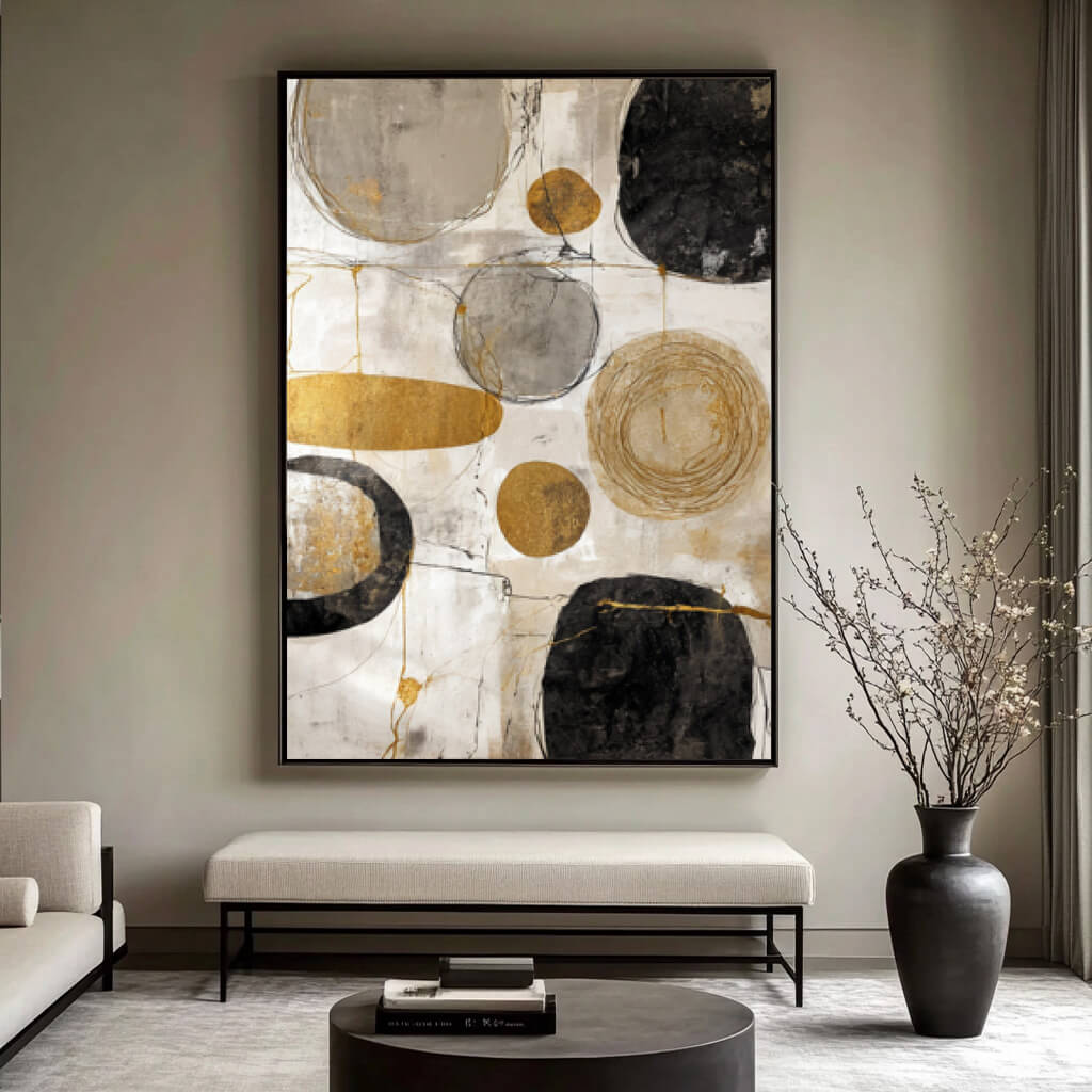 Minimalist Orbits - Large Modern Textured Gold Leaf Abstract Wall Art