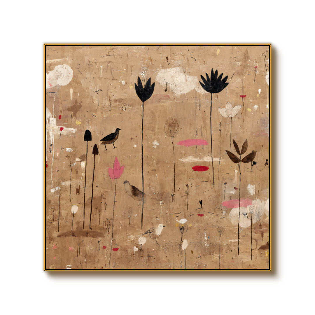 Nameless Blooms - Vintage Abstract Floral and Bird Oil Painting