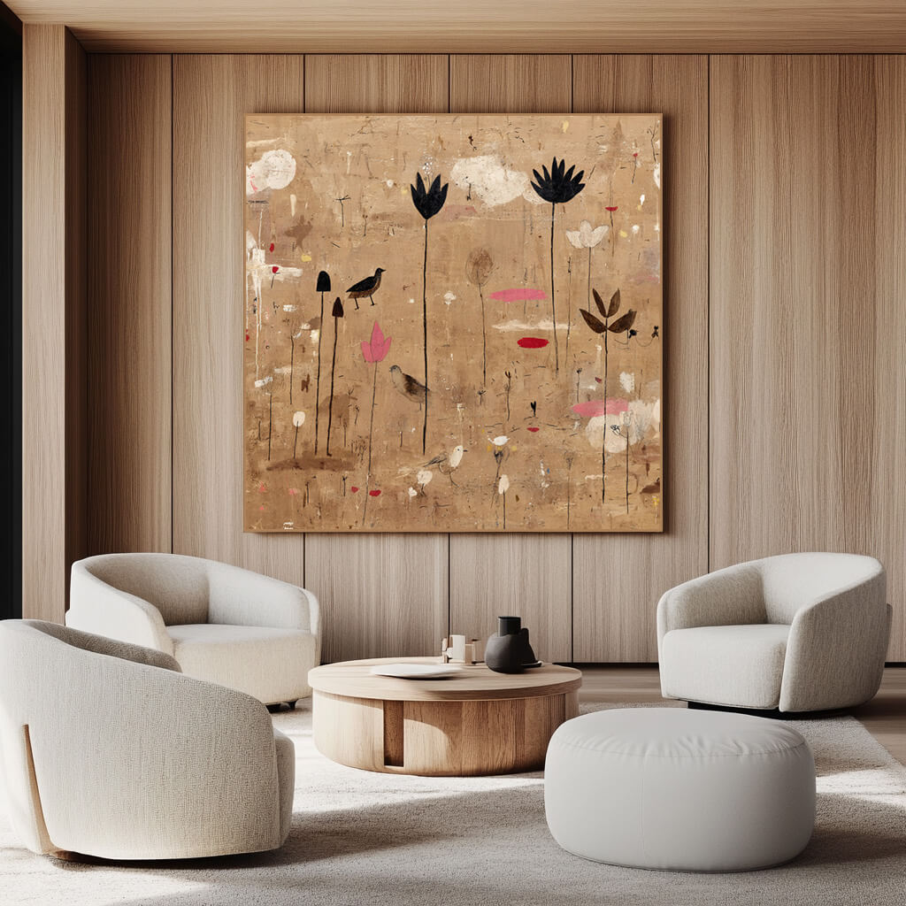 Nameless Blooms - Vintage Abstract Floral and Bird Oil Painting