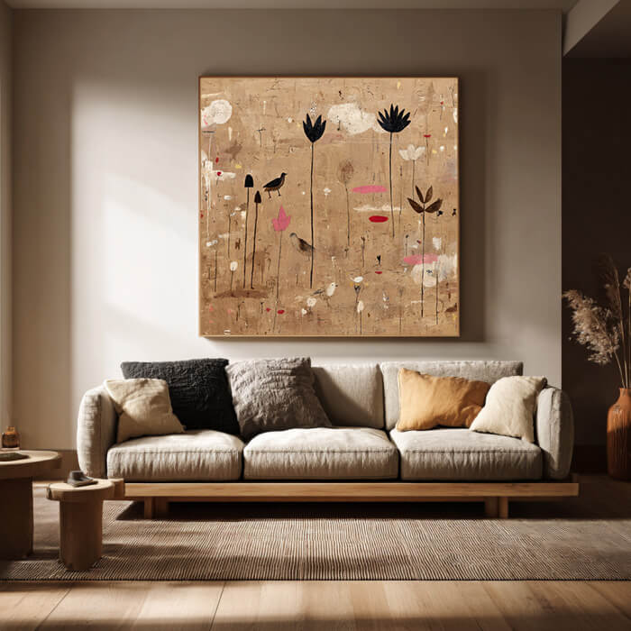 Nameless Blooms - Vintage Abstract Floral and Bird Oil Painting