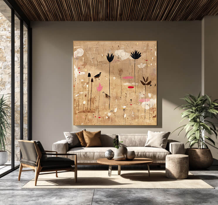Nameless Blooms - Vintage Abstract Floral and Bird Oil Painting