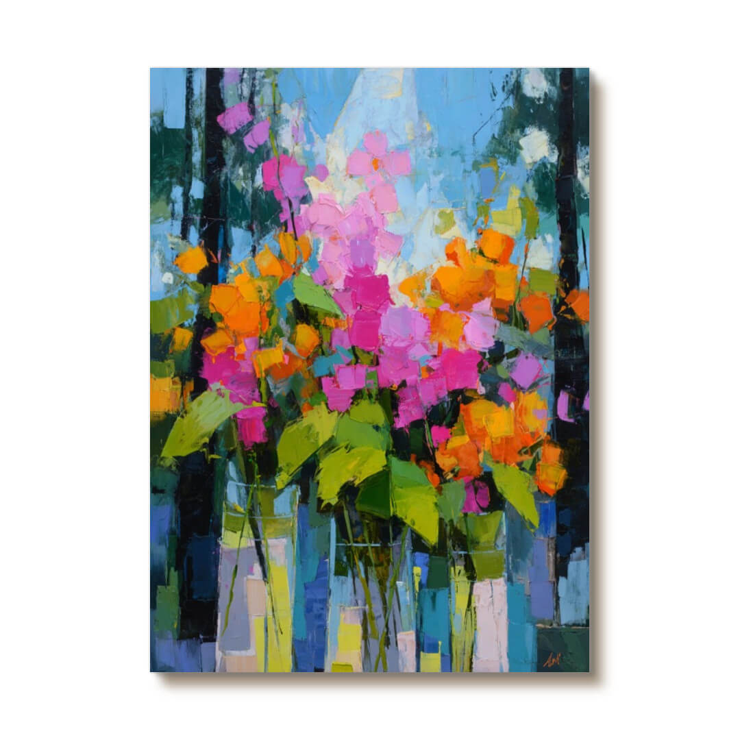 Neon Bouquet - Large Floral Abstract Oil Painting