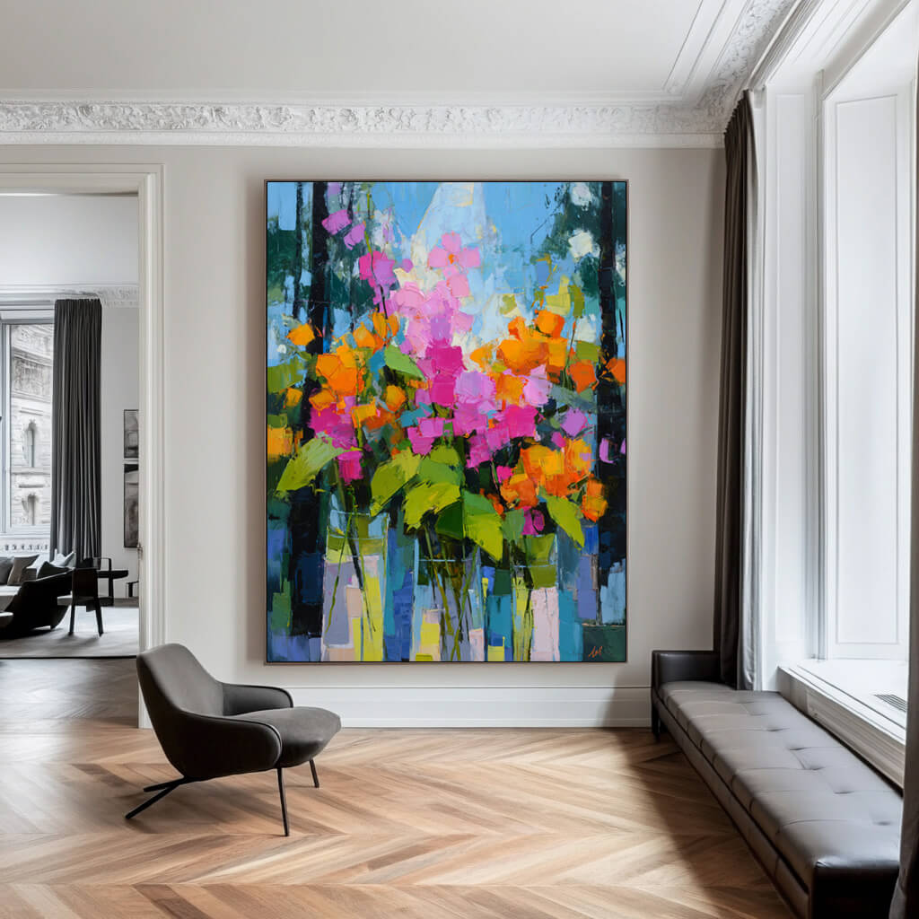 Neon Bouquet - Large Floral Abstract Oil Painting