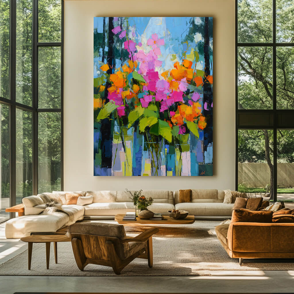 Neon Bouquet - Large Floral Abstract Oil Painting