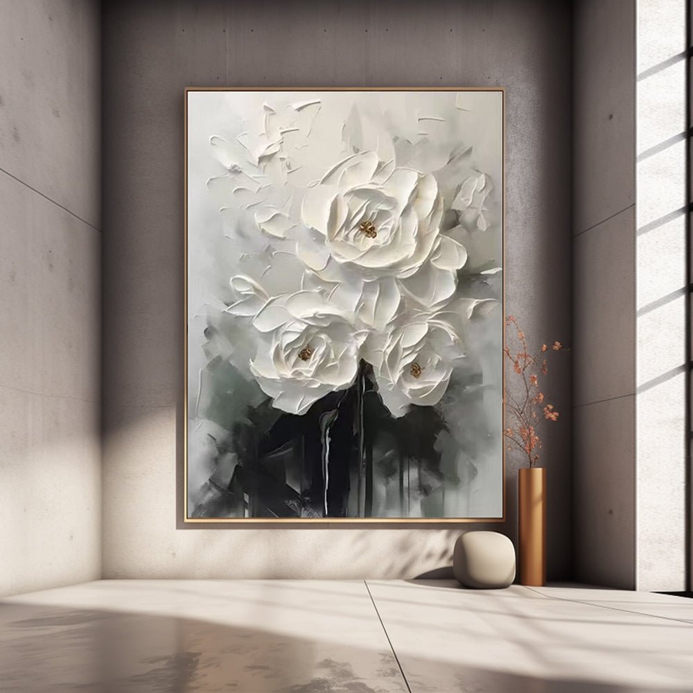 3D Textured White Rose Wall Art