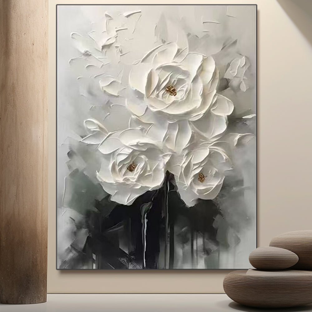 3D Textured White Rose Wall Art