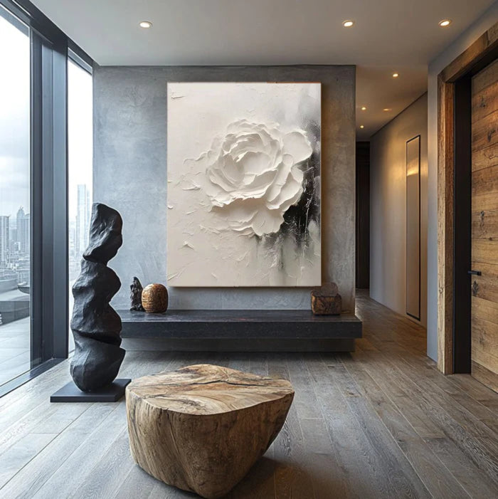 3D Textured Single White Rose Wall Art